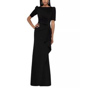 Xscape Size 8 Black Short Sleeve SIDE RUCHED Stretch Maxi Formal GOWN Dress